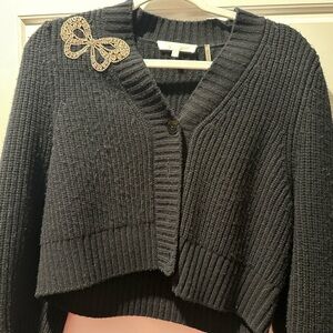 Love Shack fancy Black Ribbed Sweater with Embellished Detail